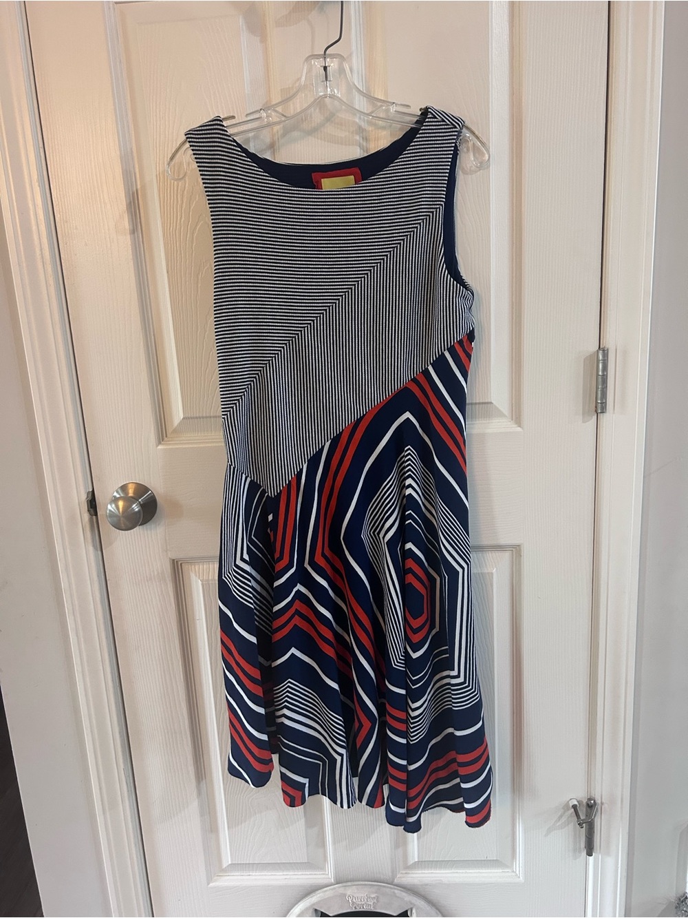 Anthropologie Maeve Cameron Asymmetrical Swing Dress Medium Blue Red Geometric